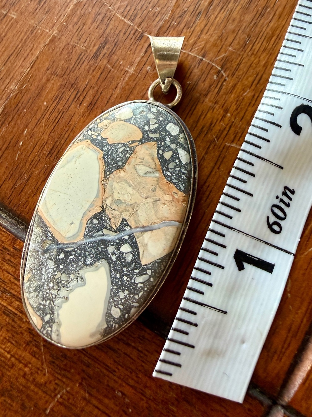 Natural Jasper Oval Pendant Necklace in Beige and Gray
